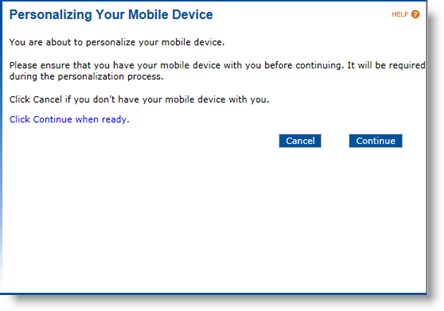User portal page for Personalizing Your Mobile Device with a Cancel and a Continue button at the bottom of the screen